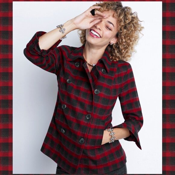 Cabi 3852 Snow Valley Red Black Buffalo Check Plaid Double Breasted Jacket - Picture 3 of 10